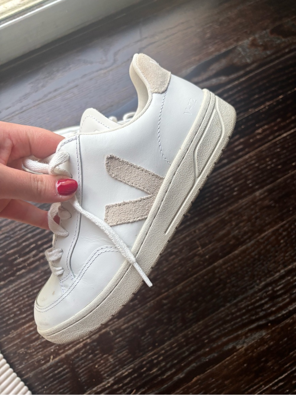 Veja Women's White Leather Sneakers with Beige Suede V Logo